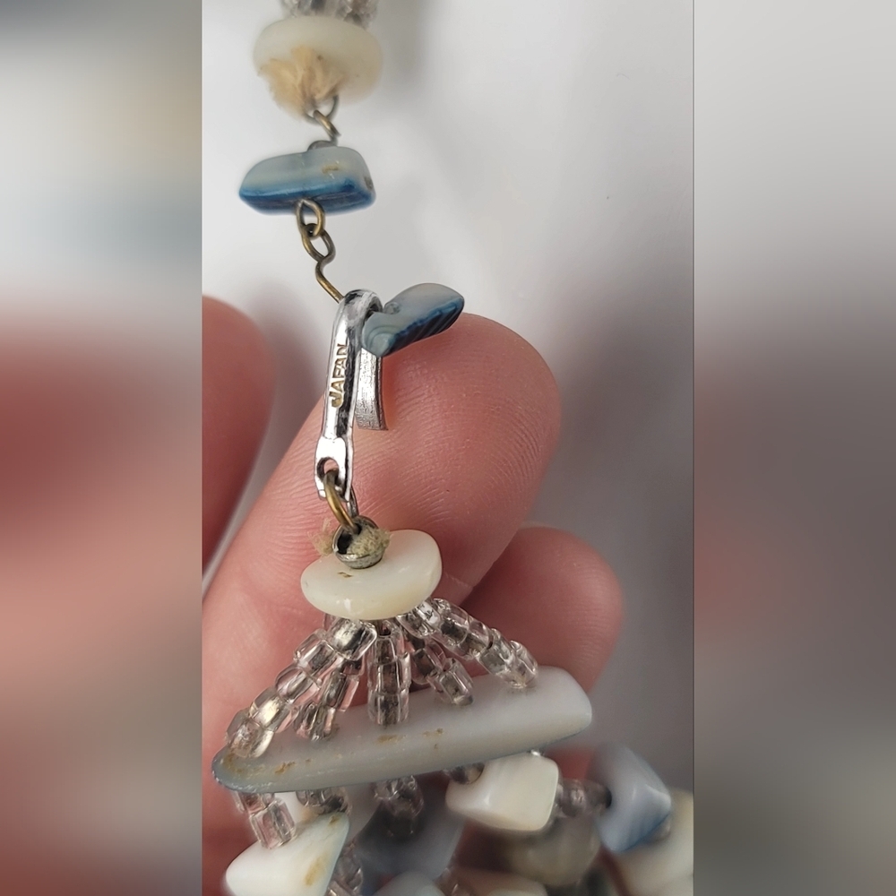 Vintage Japan Sea Shell Glass Bead Multi-Strand Bib Necklace Blue White - Picture 9 of 12